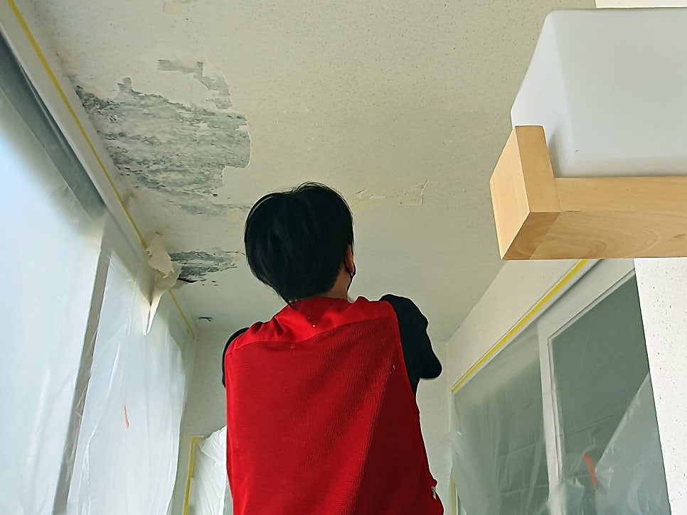 벽지가 벗겨진 아랫집 천장