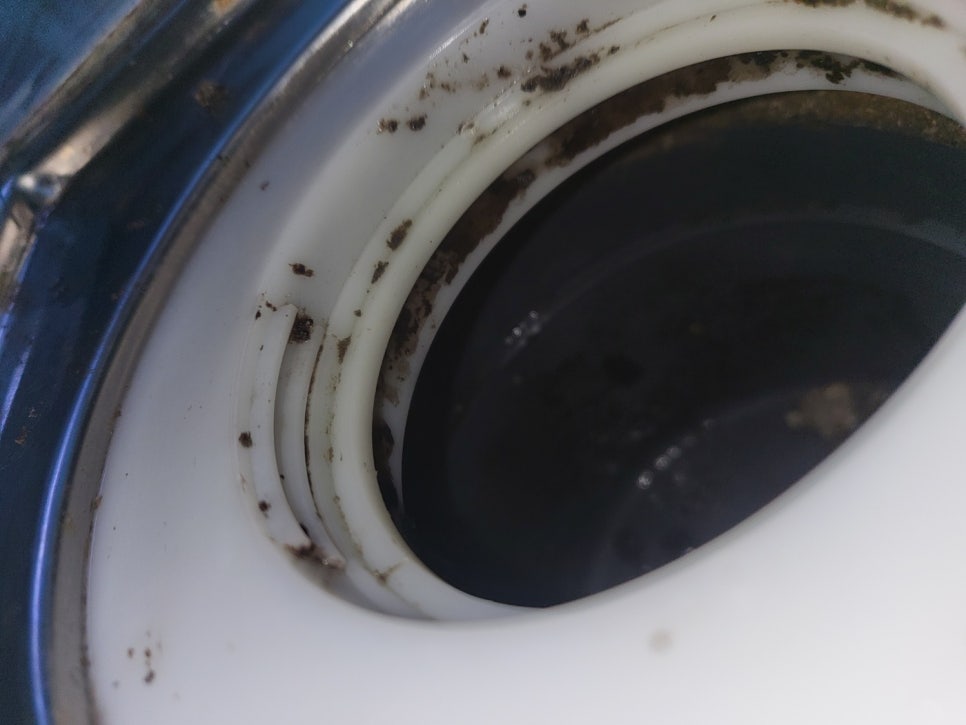 흰 테두리와 안쪽 홈에 어두운 부착물이 보이는 배수구